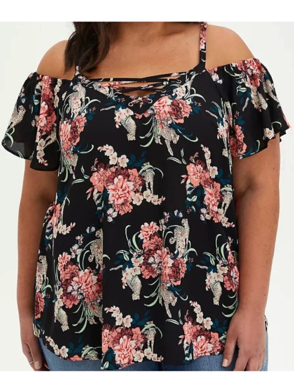 TORRID 1 Plus Georgette Lace Up Cold Shoulder Blouse Black Floral Leopard Boho